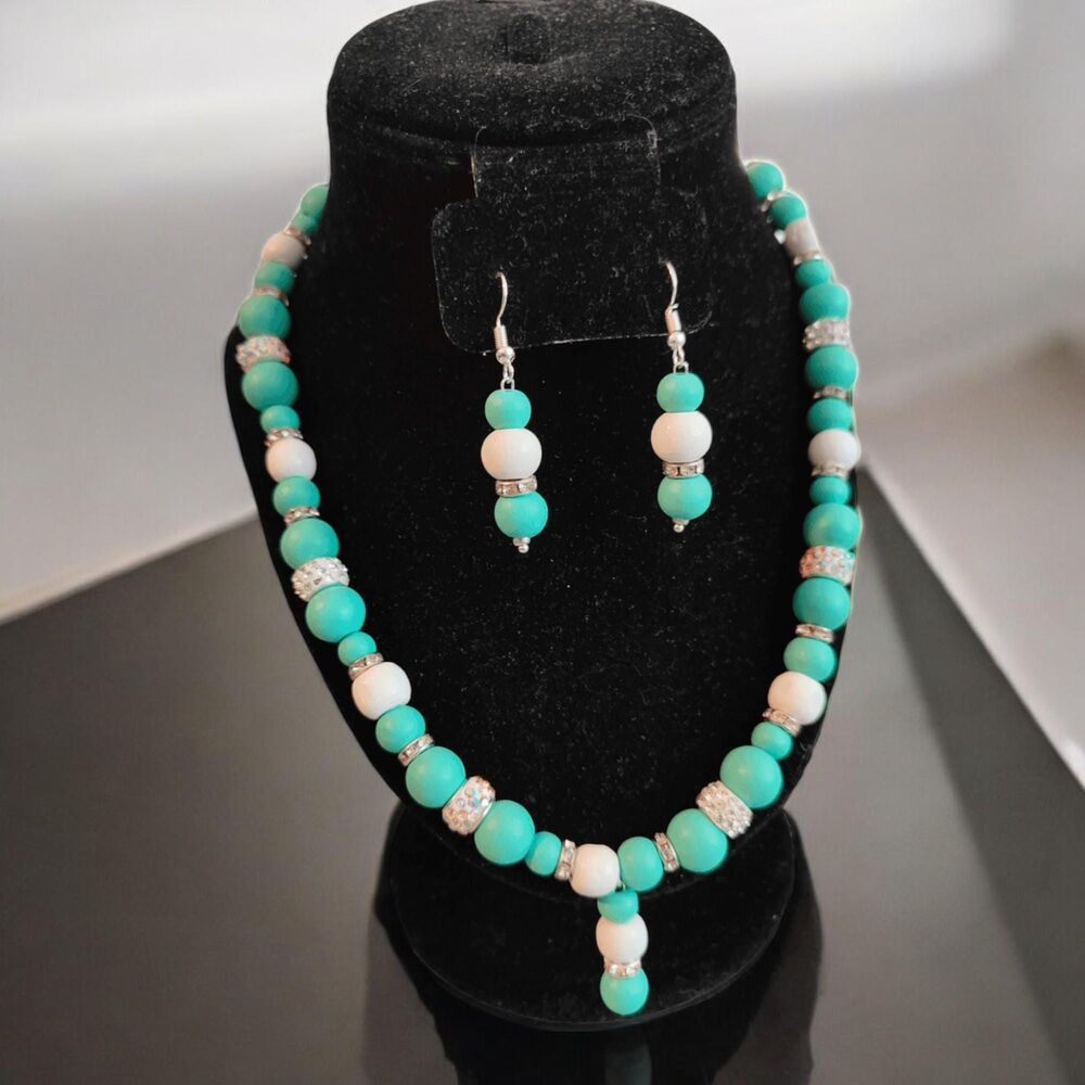 Turquoise White Painted Wooden Bead Jewelry Set Boho Statement Necklace Earrings